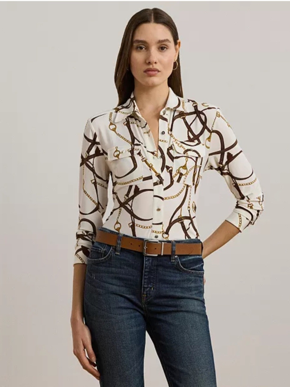 Lauren Ralph Lauren Women's Slim-Fit Belting-Print Jersey Shirt M White Brown
